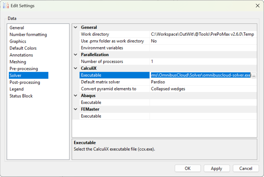 PrePoMax settings, Executable pointing at the solver