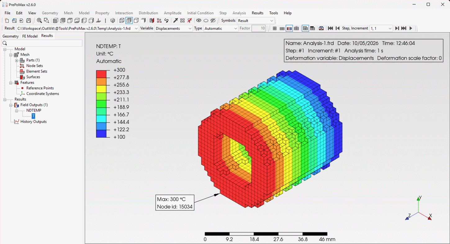 A tube meshed with tetrahedra, solved in the cloud and shown on the grid it was solved on
