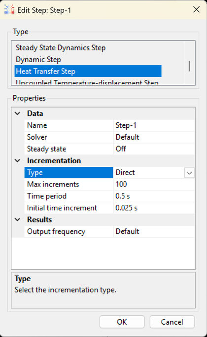Step settings: Type Direct, time period and increment